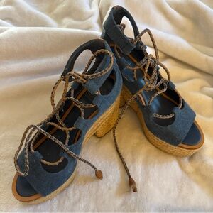 Tory Burch Blue Denim Platform Sandals with Braided Straps